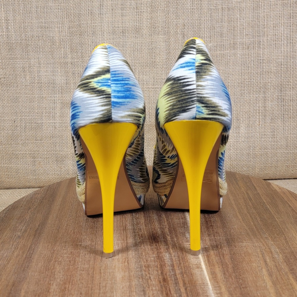 Qupid Platform Heels Blue Yellow White Print Espadrille Pumps Women's‎ Size 9 - Picture 7 of 12